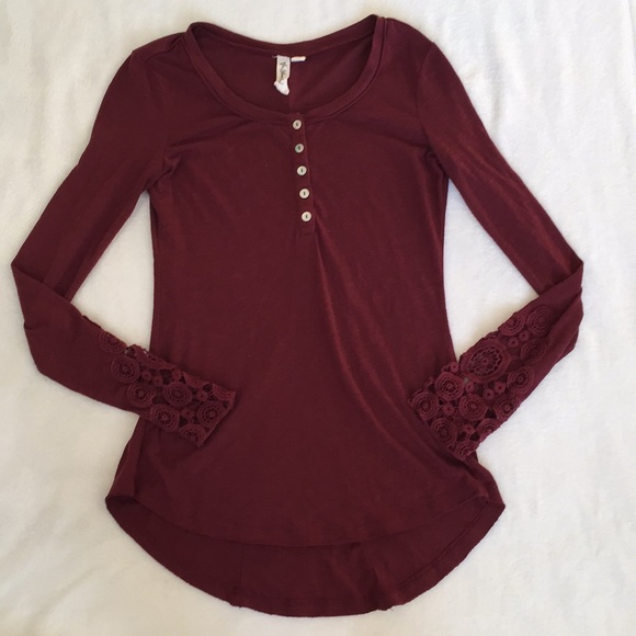 Others Follow Tops - Maroon Lacey Sleeves Long Sleeve